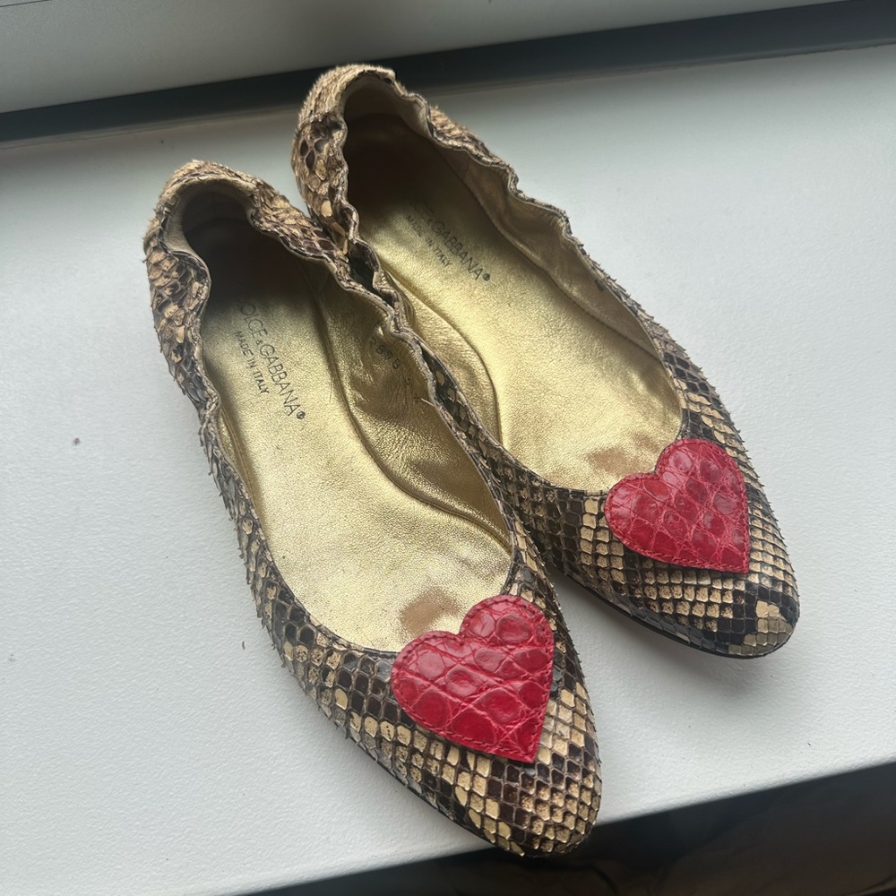 Vintage Dolce & Gabbana Python Print Flats with Red Heart